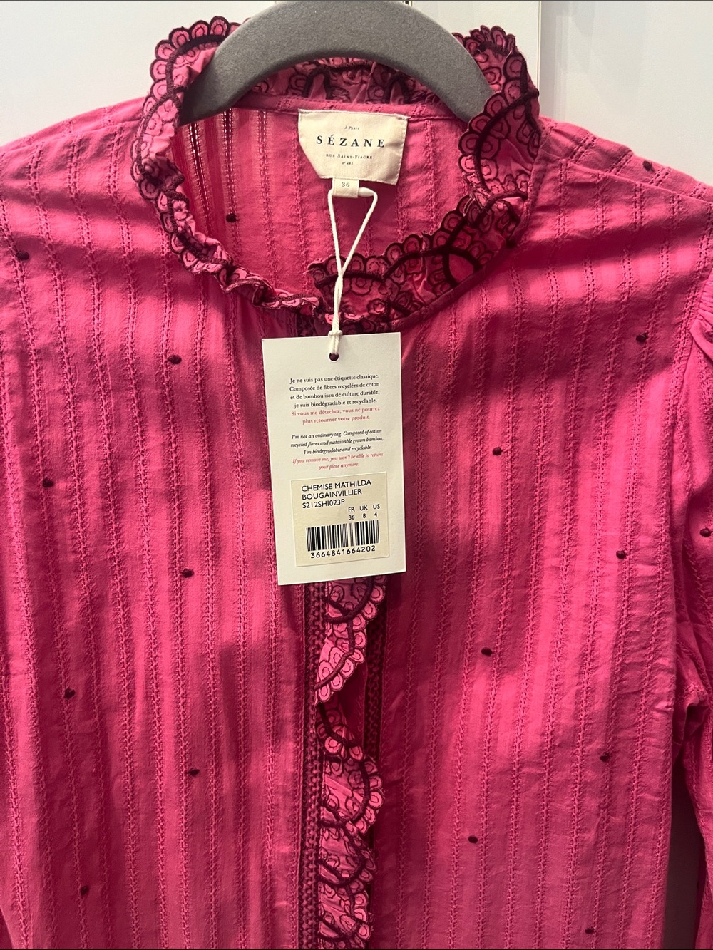 Sezane Chemise Mathilda Pink Lace-Trim Cotton Blouse - Picture 5 of 6
